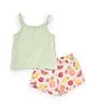Color:Green - Image 2 - Little Girls 2T-6X Sleeveless Hello Sunshine Knit Tank Top & Printed French Terry Shorts Set