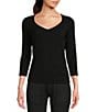 Color:Black - Image 1 - Knit 3/4 Sleeve Sweethearts Neck Ribbed Top
