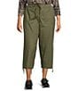 Color:Dusty Olive - Image 1 - Plus Size Drawstring Elastic Waist Ruched Leg Cargo Capri Pants
