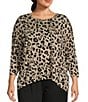 Color:Mega Cheetah - Image 1 - Plus Size Knit Jersey Cheetah 3/4 Sleeve Drop Shoulder Perfect Tee