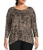Color:Toffee Swirl - Image 1 - Plus Size Knit Jersey Swirl Print 3/4 Sleeve Drop Shoulder High-Low Rounded Hem Perfect Tee