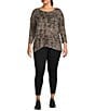 Color:Toffee Swirl - Image 3 - Plus Size Knit Jersey Swirl Print 3/4 Sleeve Drop Shoulder High-Low Rounded Hem Perfect Tee