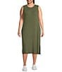 Color:Dusty Olive - Image 1 - Plus Size Sleeveless Crew Neck Rib Side Slit Sheath Midi Dress