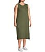 Color:Dusty Olive - Image 3 - Plus Size Sleeveless Crew Neck Rib Side Slit Sheath Midi Dress