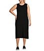 Color:Black - Image 1 - Plus Size Sleeveless Crew Neck Rib Side Slit Sheath Midi Dress
