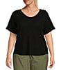 Color:Black - Image 1 - Plus Size Waffle Knit Short Sleeve V-Neck Curved Hem Tee Shirt