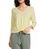 Kinesis V-Neck 3/4 Sleeve Twist Front Pointelle Top - Image 1