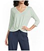Kinesis V-Neck 3/4 Sleeve Twist Front Pointelle Top - Image 1