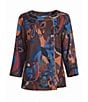 Knit Floral Abstract Multi Print Round Neck 3/4 Sleeve Asymmetric Side Hem Top - Image 5