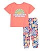 Color:Coral - Image 1 - Little/Big Girls 4-12 Short Sleeve Sunshine Pajama Top & Floral Printed Leggings Set