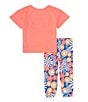 Color:Coral - Image 2 - Little/Big Girls 4-12 Short Sleeve Sunshine Pajama Top & Floral Printed Leggings Set