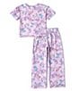 Color:Lilac/Multi - Image 2 - Little/Big Girls 4-16 Short Sleeve Butterfly-Printed Pajama Top & Matching Pajama Pant Set