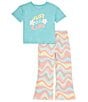 Color:Multi - Image 1 - Little/Big Girls 4-16 Short Sleeve Just Be Kind Pajama Top & Wide-Leg Wavy Stripe Pajama Pant Set