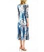 Color:Azure Bouquet - Image 2 - Charmeuse Floral Print Lace V-Neck 3/4 Sleeve Pleated Fit and Flare Dress