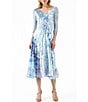 Color:Cerulean Vine - Image 1 - Charmeuse Floral Print V-Neck Lace 3/4 Sleeve Lace Hem Dress