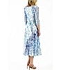Color:Cerulean Vine - Image 2 - Charmeuse Floral Print V-Neck Lace 3/4 Sleeve Lace Hem Dress