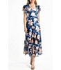 Color:Navy Marigold - Image 1 - Chiffon Floral Print Scoop Neck Flutter Sleeve Lace Tiered Ruffle Hem Midi Dress