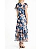 Color:Navy Marigold - Image 2 - Chiffon Floral Print Scoop Neck Flutter Sleeve Lace Tiered Ruffle Hem Midi Dress