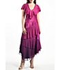 Color:Ombre Magent - Image 1 - Ombre V-Neck Short Flutter Sleeve Tiered Ruffle Tea Length Dress