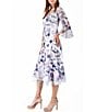 Color:Poppy Garden - Image 3 - Pleated Floral V-Neck 3/4 Wide Chiffon Sleeve Layered Hem Dress