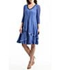 Color:Fregatta Blue - Image 1 - Tiered Chiffon V-Neck 3/4 Sleeve A-Line Pleated Dress