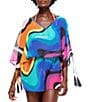 Color:Charcoal Multi - Image 1 - Kensington Printed V-Neck Flutter Sleeve Blouson Bodice Tunic Swim Cover-Up