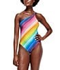 Color:Multi - Image 1 - Kensington Rainbow Stripe One Shoulder High-Cut Leg One Piece Swimsuit