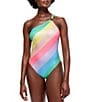 Color:Open Pink - Image 1 - Kensington Rainbow Stripe One Shoulder One Piece Swimsuit