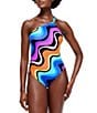 Color:Charcoal Multi - Image 1 - Kensington Wave Stripe One Shoulder High-Cut Leg One Piece Swimsuit