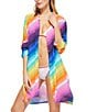 Color:Multi - Image 1 - Resort Printed Point Collar Long Sleeve Shirt Dress Swim Cover-Up