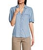 KUT from the Kloth Harriet Point Collar Short Ballon Sleeve Button Down Top, Color:Medium Wash - Image 1