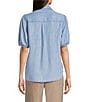 KUT from the Kloth Harriet Point Collar Short Ballon Sleeve Button Down Top, Color:Medium Wash - Image 2