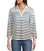 Color:Blue Ombre - Image 1 - Heritage Stripe Collared V-Neck 3/4 Sleeve Polo Shirt