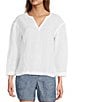 L.L.Bean Linen Split Round Neck Long Sleeve Blouse, Color:White - Image 4