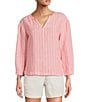 L.L.Bean Linen Striped Split Round Neck Long Sleeve Blouse, Color:Dark Salmon Stripe - Image 1