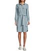 Color:Chambray - Image 1 - Point Collar Long Roll Tab Sleeve Pocketed Button Front Belted Shirt Dress