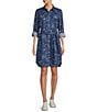 Color:Nautical - Image 1 - Print Point Collar Long Roll Tab Sleeve Pocketed Button Front Belted Shirt Dress