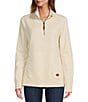 Color:Cream - Image 1 - Quilted Knit Stand Collar Long Sleeve Kangaroo Pocket Quarter-Zip Pullover Top