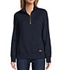 Color:Classic Navy - Image 1 - Quilted Knit Stand Collar Long Sleeve Kangaroo Pocket Quarter-Zip Pullover Top