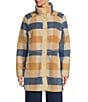 L.L.Bean Sherpa Fleece Plaid Stand Collar Snap Front Coat, Color:Katahdin Khaki Plaid - Image 2