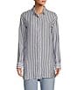 Color:Darkest Navy Wide Stripe - Image 1 - Stripe Cloud Gauze Spread Collar Long Sleeve Button Front Shirt