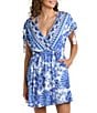 Color:Blue - Image 1 - Beyond The Pacific Floral Printed V-Neck Drawstring Shoulder Dress Swim Cover-Up