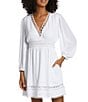 Color:White - Image 1 - Illusion Crochet Crinkle V-Neck Dress Swim Cover-Up