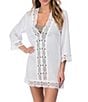 Color:White - Image 1 - Island Fare V-Neck Crinkle Crochet Trim Swim Cover Up Tunic