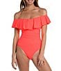 Color:Hot Coral - Image 1 - Island Goddess Off-the-Shoulder Ruffle One Piece