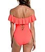 Color:Hot Coral - Image 2 - Island Goddess Off-the-Shoulder Ruffle One Piece