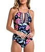 Color:Black - Image 1 - Midnight Magic Floral Print High Neck Keyhole One Piece Swimsuit