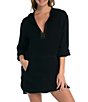 Color:Black - Image 1 - Seaside Covers Cotton Gauze Hooded Tunic Swim Cover Up