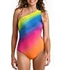 Color:Multi - Image 1 - Setting Sun Ombre Print Shirred One Shoulder Tummy Control One Piece Swimsuit