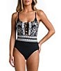 Color:Black - Image 1 - Shadow Floral Print Scoop Neck Tummy Control One Piece Swimsuit